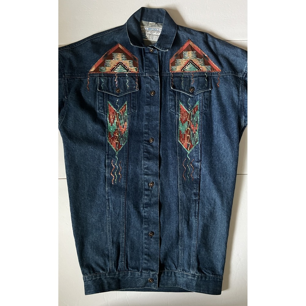 VTG BELMA - 80s Embellished‎ Heavy Denim Trench Coat Jean Jacket Duster - Medium